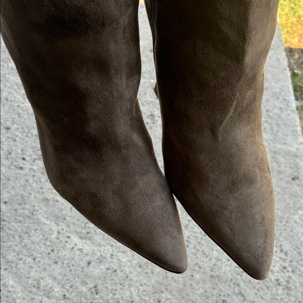Vince Camuto Taupe Slouchy Pointed-Toe Suede Heeled Boots - Picture 12 of 14